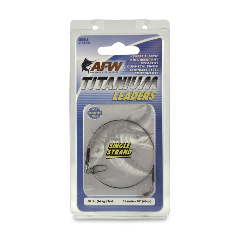 AFW Titanium Tooth Proof, Single Strand Fishing Leaders 30 lb, 18 in - Rigged with Stainless Steel Mighty Mini Crane Swivel & Crosslock Snap, Kink Free, Superior Bite Protection for Toothy Fish, Black - Image 1
